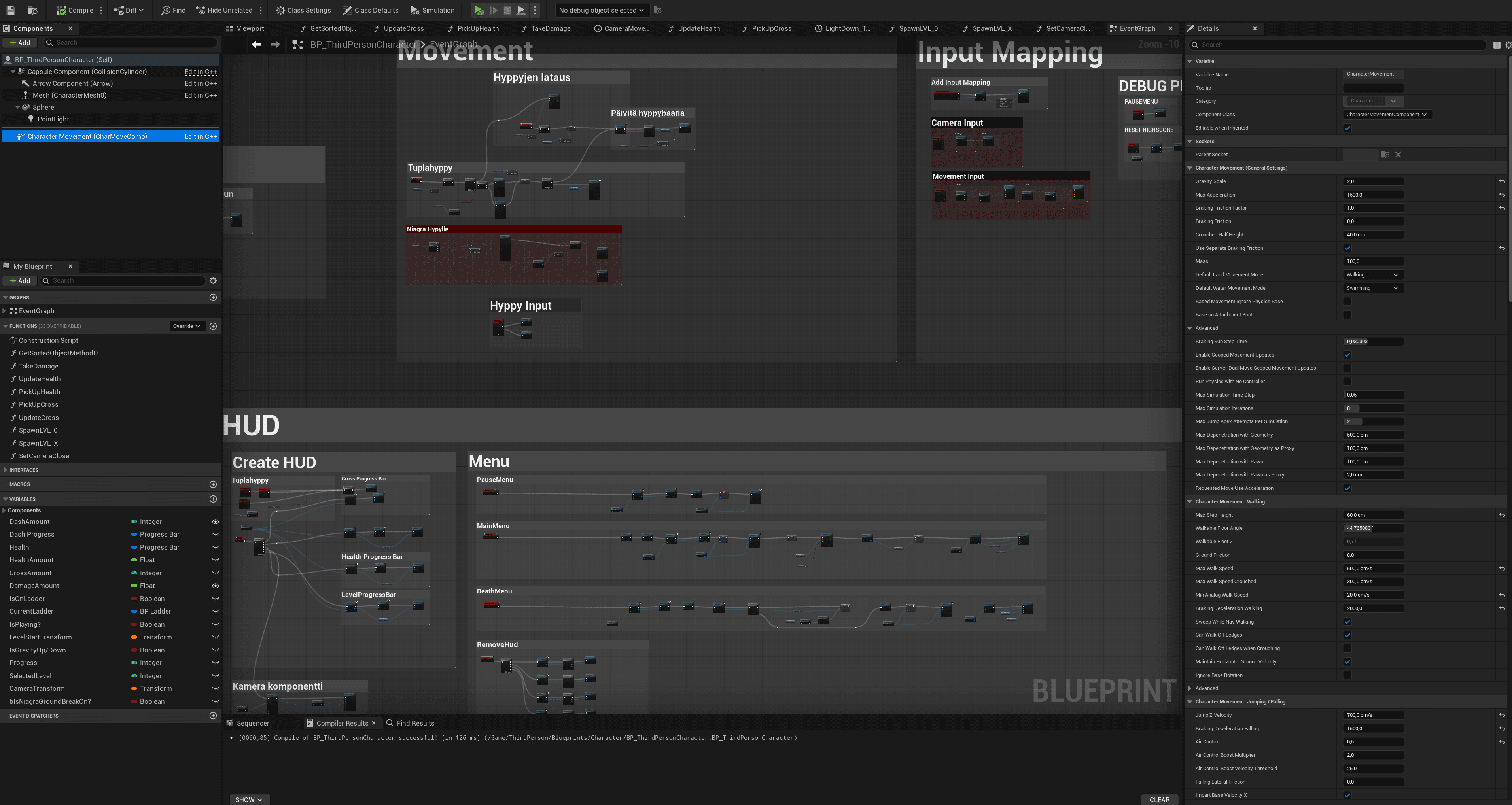 Unreal Engine blueprint editor showing JaloGames movement, HUD, and menu systems